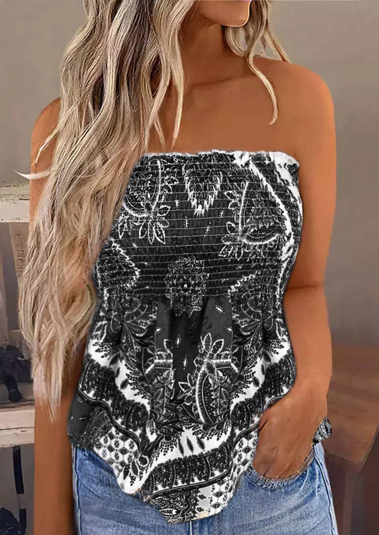 

Tribal Western Smocked Strapless Bandeau Tank - Black, SCM004043