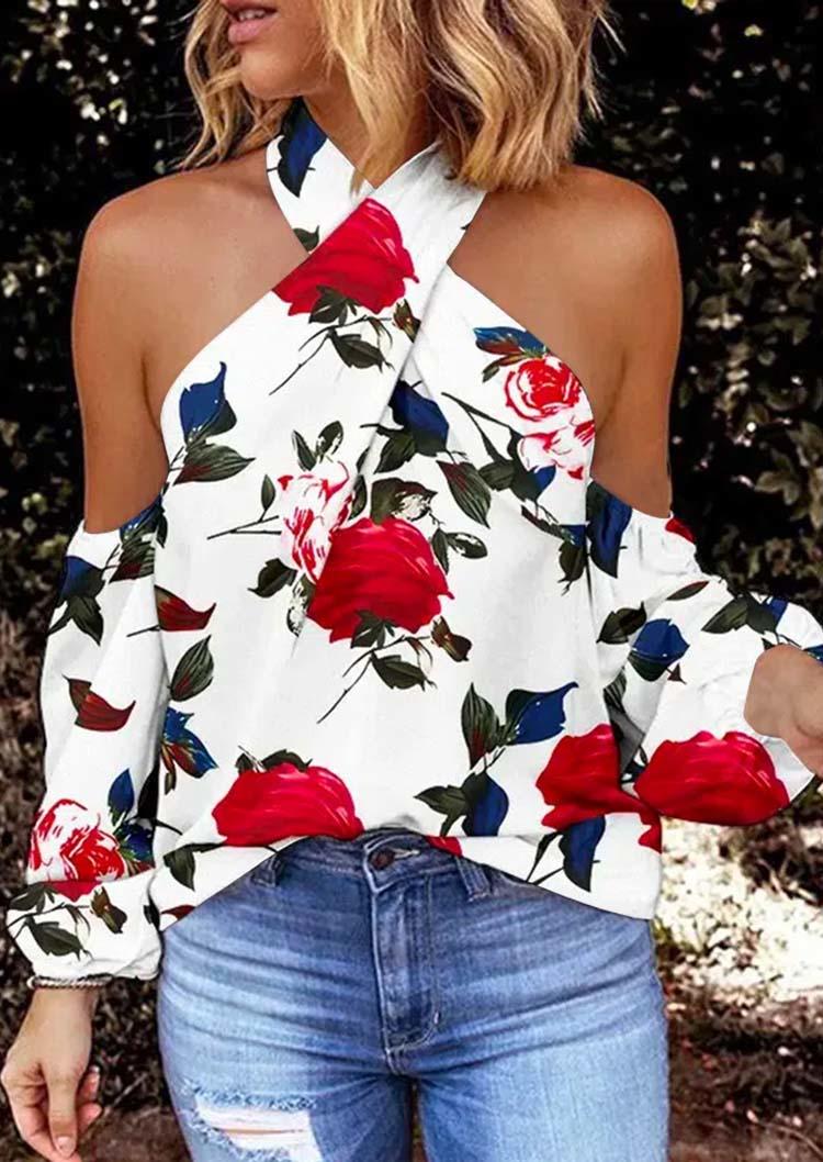 

Rose Criss-Cross Halter Cold Shoulder Blouse - White, SCM004054