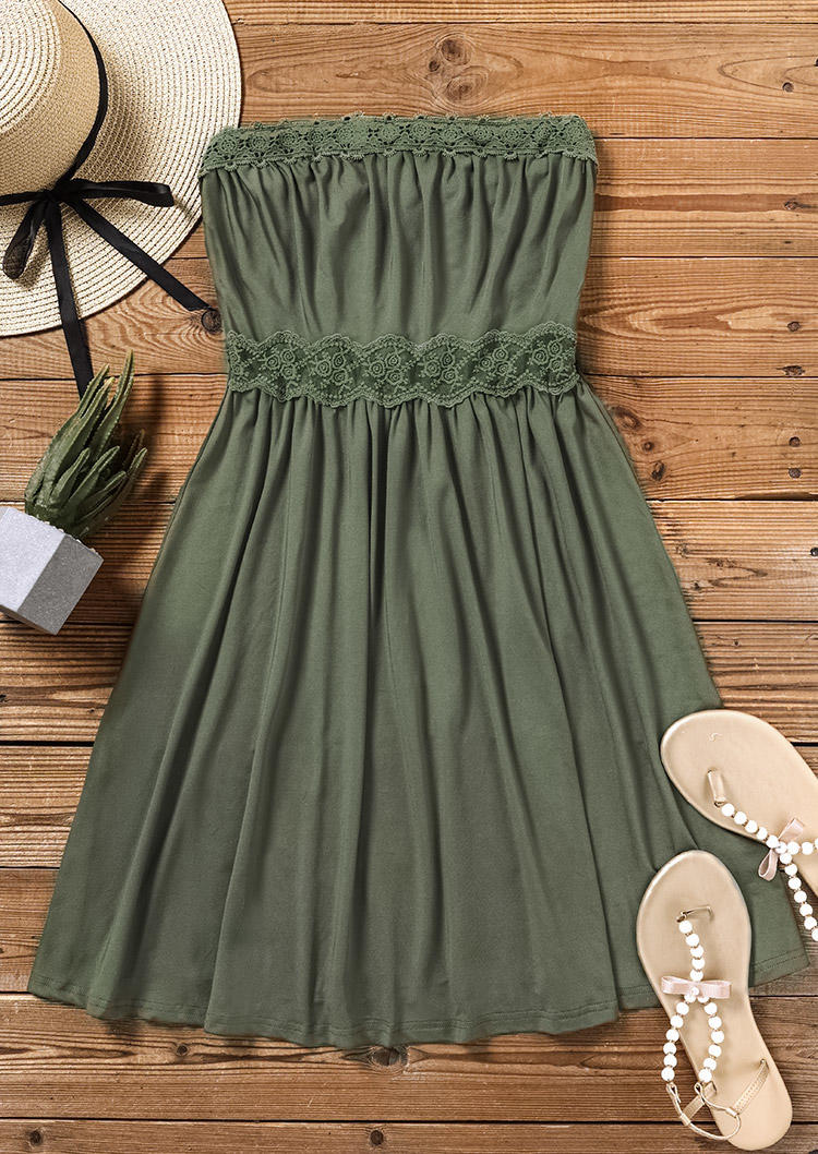 Lace Splicing Ruffled Strapless Bandeau Mini Dress - Army Green