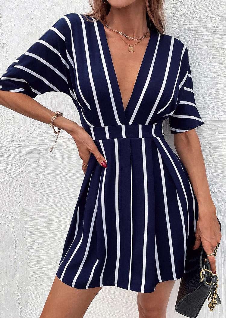 

Striped V-Neck Half Sleeve Mini Dress, Multicolor, SCM003615