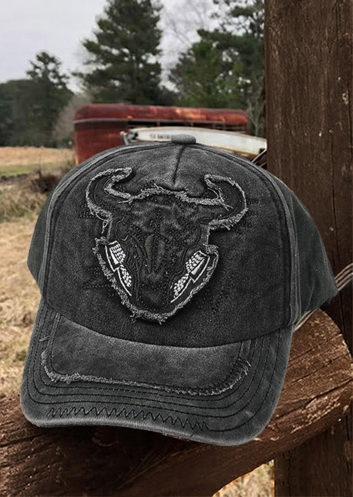 

Steer Skull Washed Baseball Cap, Black, SCM003803