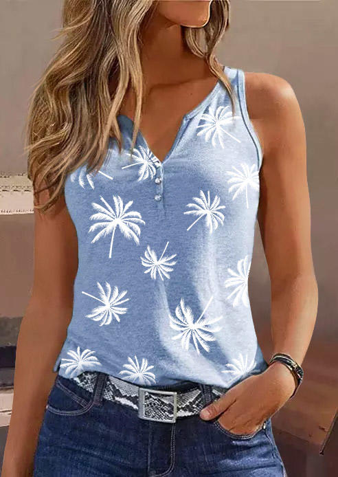 

Coconut Tree Button Notched Neck Tank - Light Blue, SCM003824