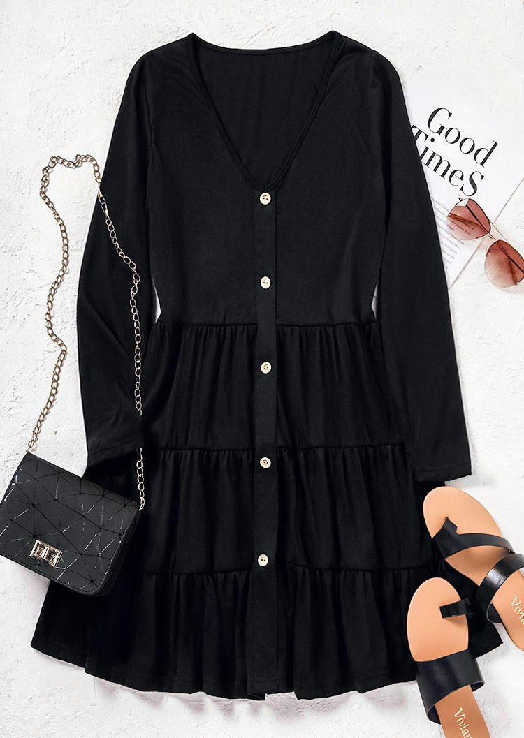 Ruffled Button Long Sleeve Mini Dress - Black