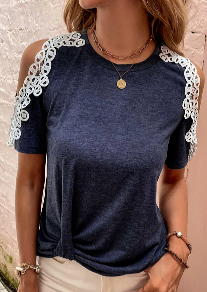 

Lace Splicing Twist Cold Shoulder Blouse - Deep Blue, SCM003885