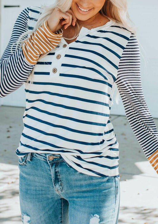 

Striped Button Long Sleeve Casual Blouse, Multicolor, SCM003886