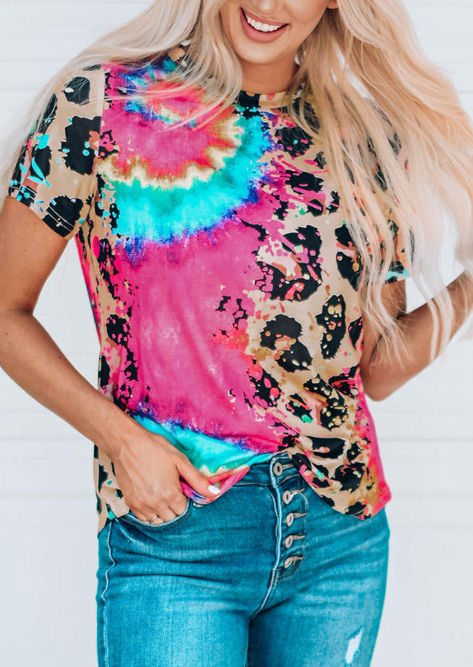 

Leopard Tie Dye O-Neck T-Shirt Tee, Multicolor, SCM003958