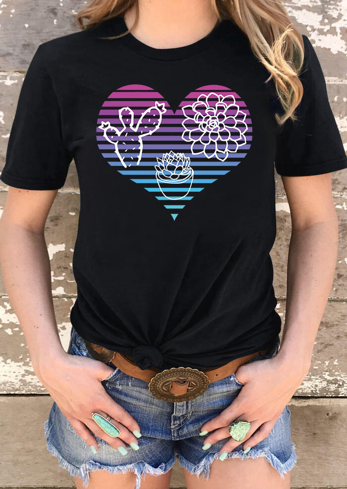 

Floral Cactus Heart O-Neck T-Shirt Tee - Black, SCM004038