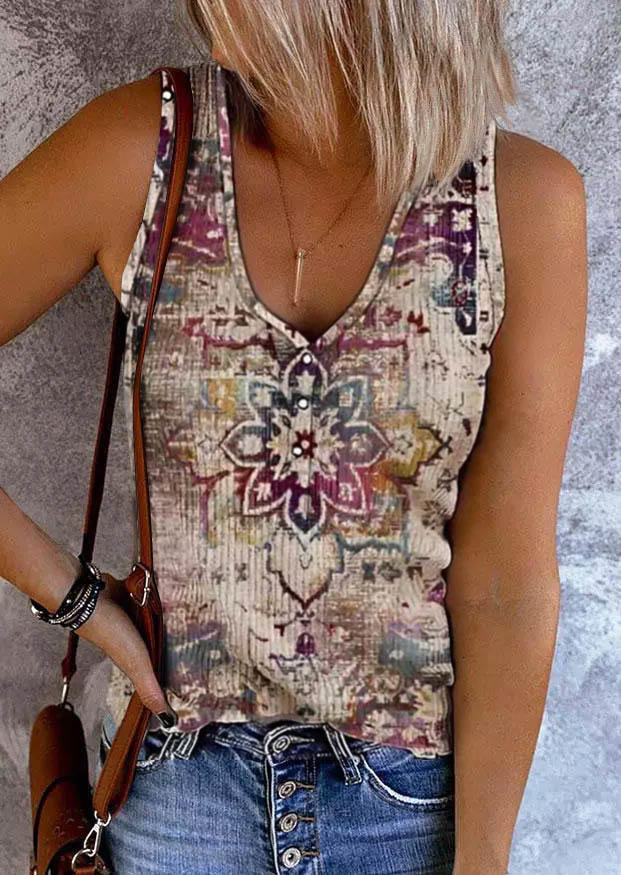 

Floral Button Ethnic Retro Tank, Multicolor, 533799
