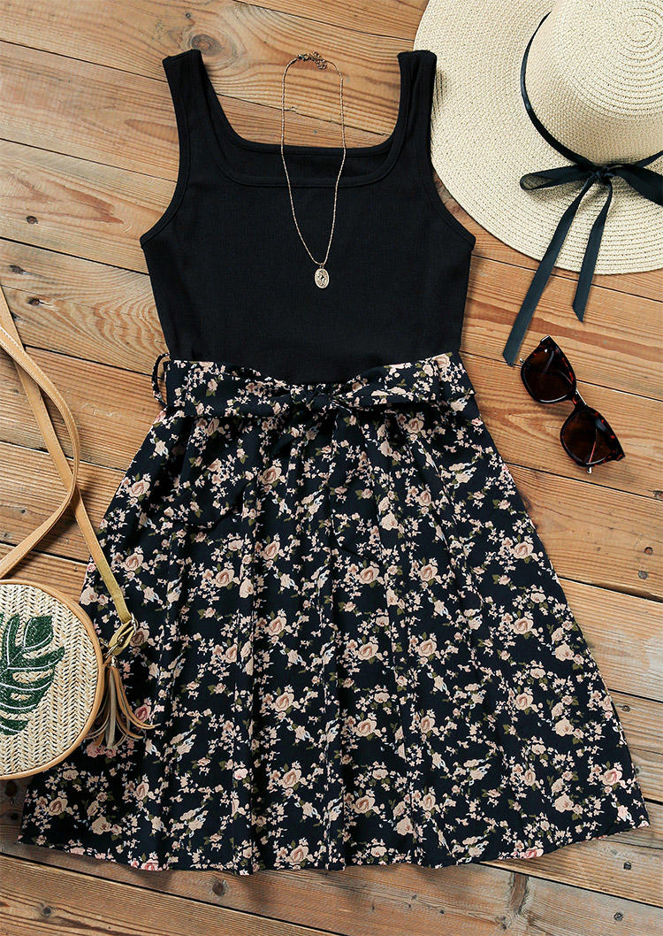 Floral Sleeveless Mini Dress - Black