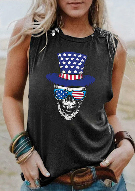

American Flag Skull O-Neck Tank - Dark Grey, Gray, 536646