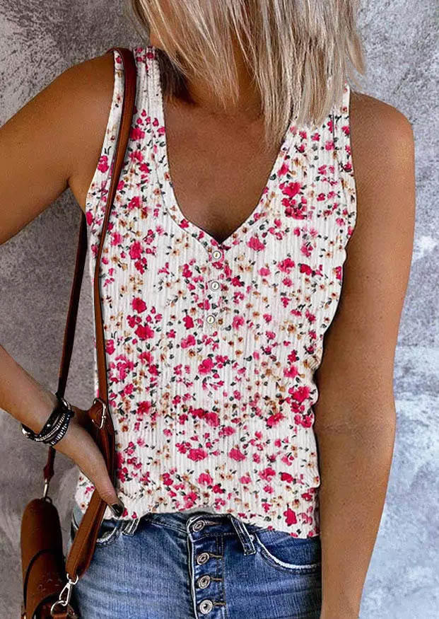 

Floral Button V-Neck Tank - White, SCM001555