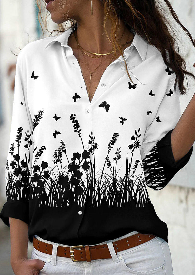 

Floral Butterfly Button Long Sleeve Shirt, White, SCM003700