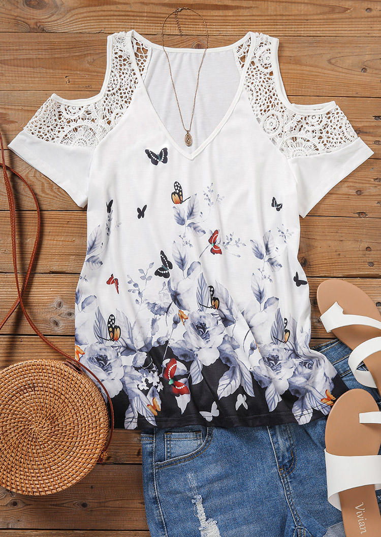 Floral Butterfly Lace Splicing Cold Shoulder Blouse - White