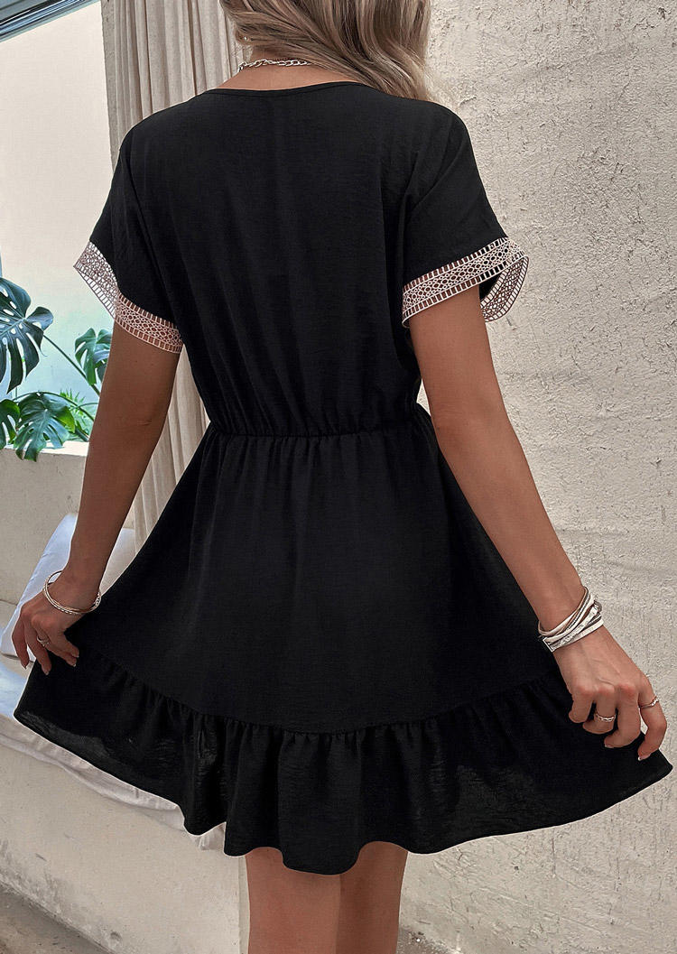 Hollow Out Ruffled V-Neck Mini Dress - Black
