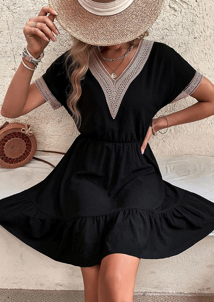 

Hollow Out Ruffled V-Neck Mini Dress - Black, SCM003849