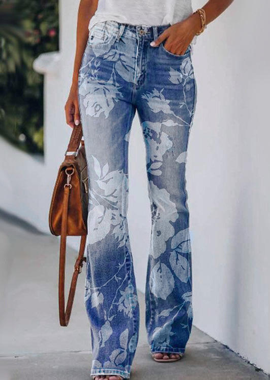 

Floral Button Pocket Zipper Pants - Blue, SCM003920