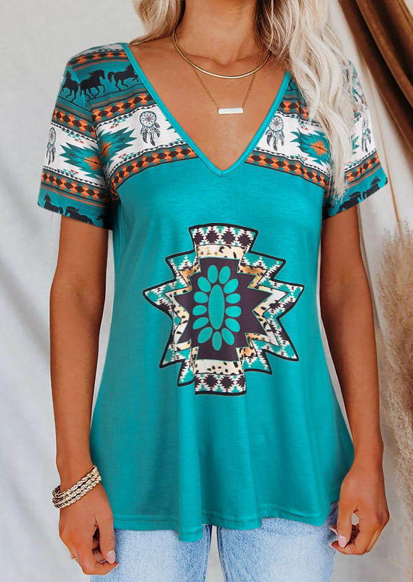 

Aztec Geometric Dreamcatcher Feather Horse Blouse - Cyan, SCM003954