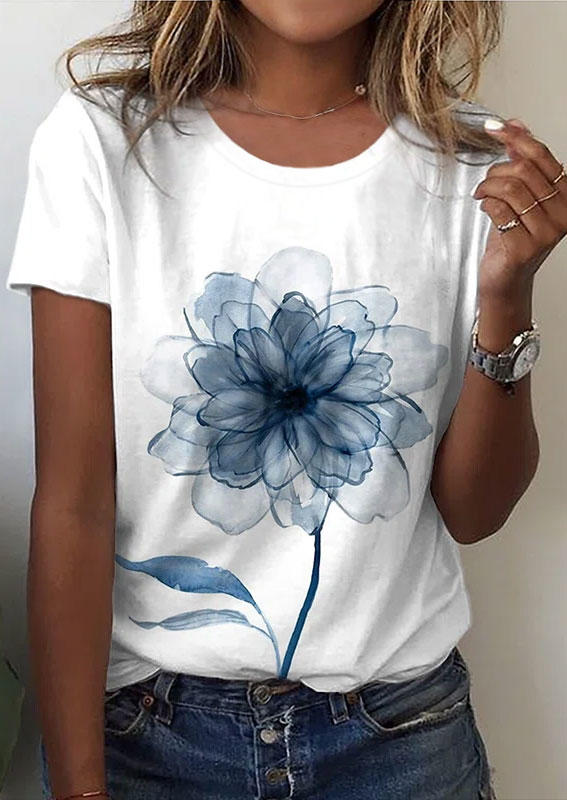 

Floral O-Neck T-Shirt Tee - White, SCM004011