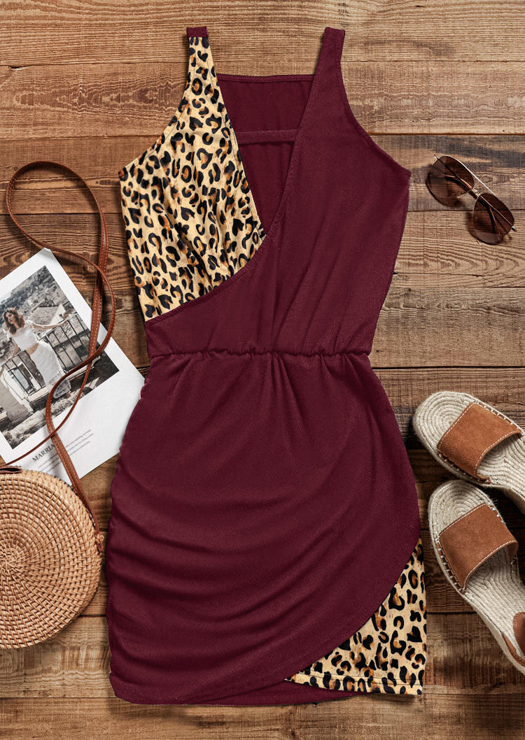 Leopard Splicing Hollow Out Sleeveless Mini Dress - Burgundy