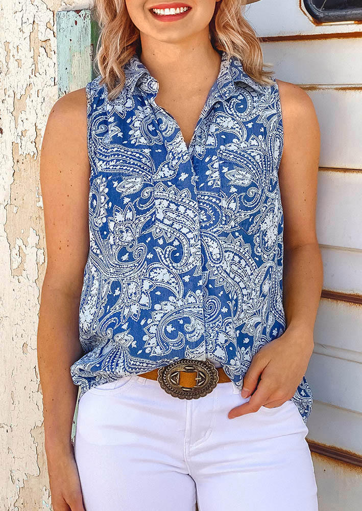 

Paisley Turn-down Collar Tank - Blue, SCM004031
