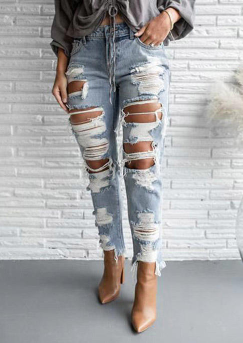 

Ripped Hole Frayed Hem Denim Jeans - Light Blue, SCM004057