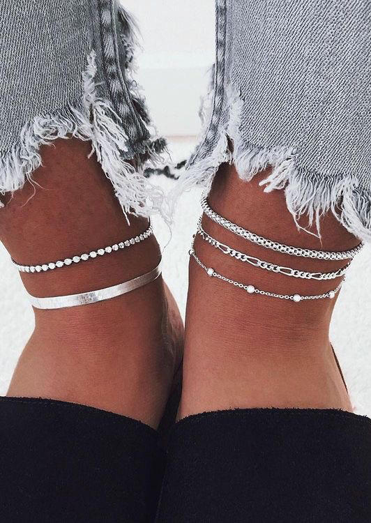 

5Pcs Simple Chain Beading Chic Anklet Set, Silver, SCM004067