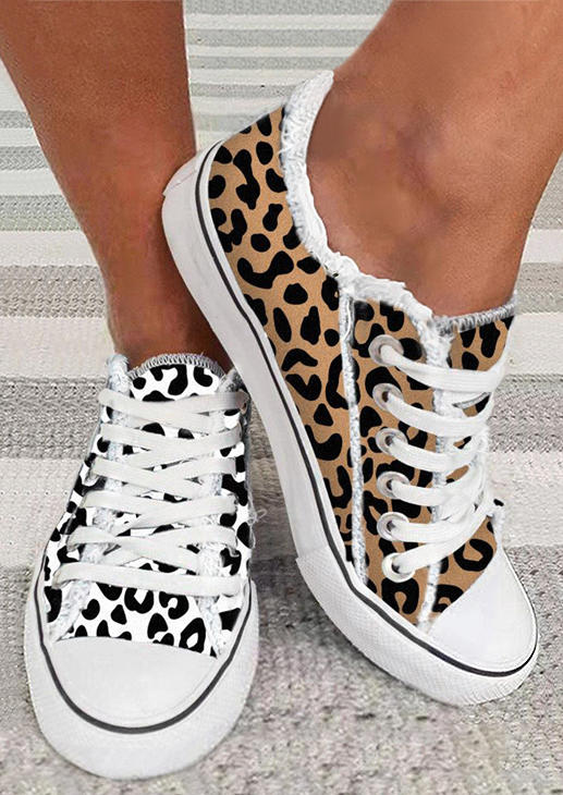 

Leopard Lace Up Round Toe Flat Sneakers, Multicolor, SCM004075