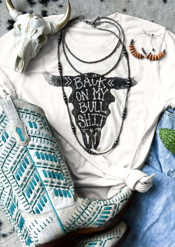 

Back On My Bull Shit Steer Skull T-Shirt Tee - White, SCM004096