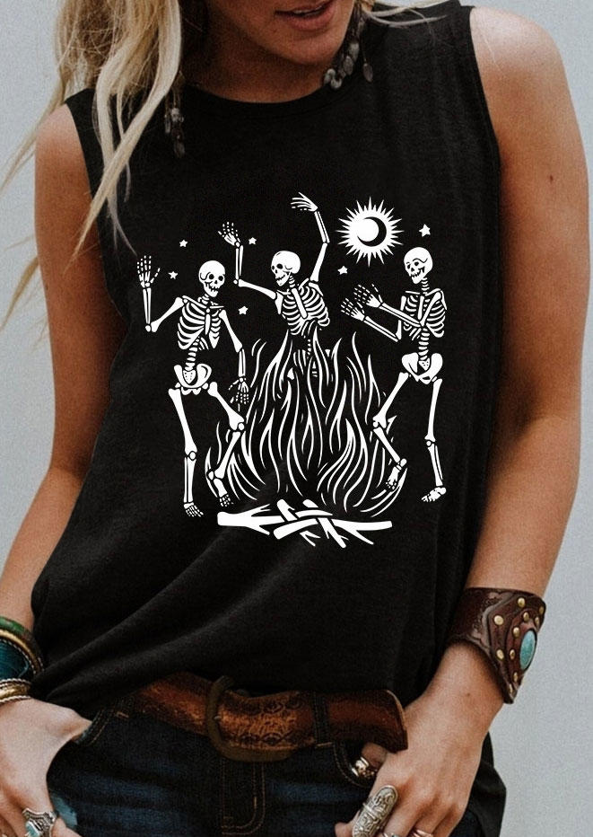 

Skeleton Sun Moon Star Bonfire Tank - Black, SCM004163
