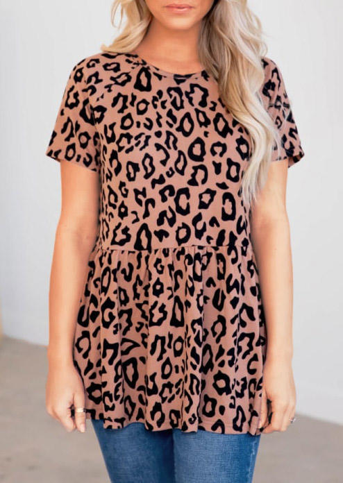 

Leopard Ruffled Short Sleeve O-Neck Blouse, SCM004199