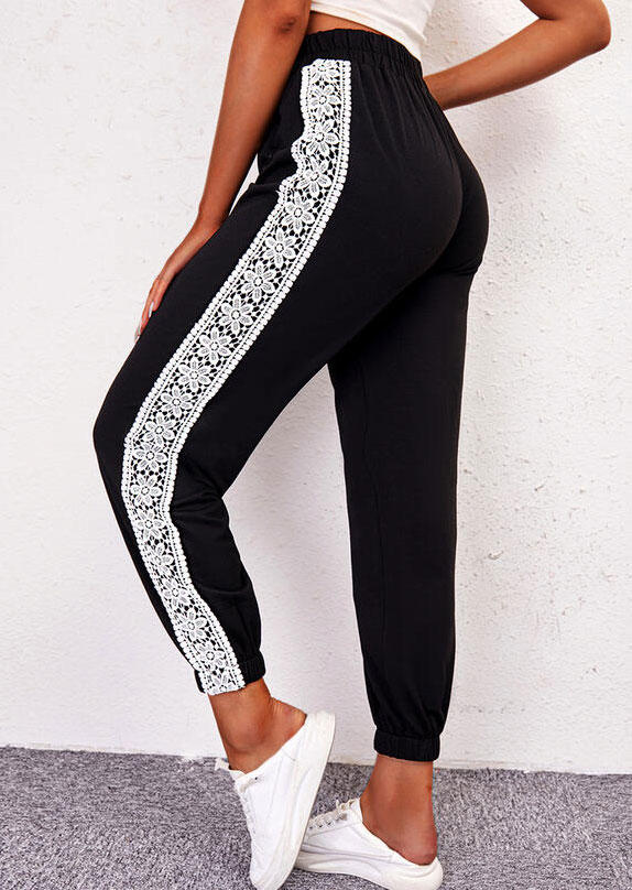 

Lace Splicing Elastic Waist Pants - Black, SCM004234