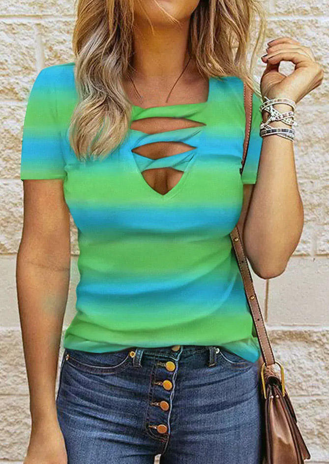 

Gradient Keyhole Neck Casual Blouse, Multicolor, SCM002732