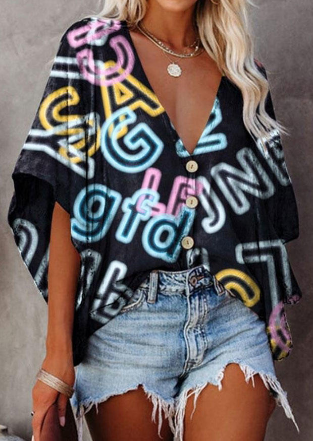 

Letter Graphic Button Flare Sleeve Blouse, Multicolor, SCM003948