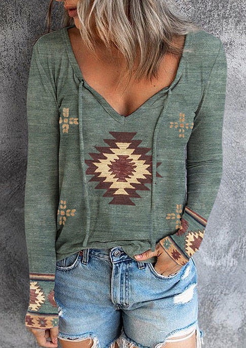 

Aztec Geometric Drawstring Long Sleeve Blouse - Green, SCM003953