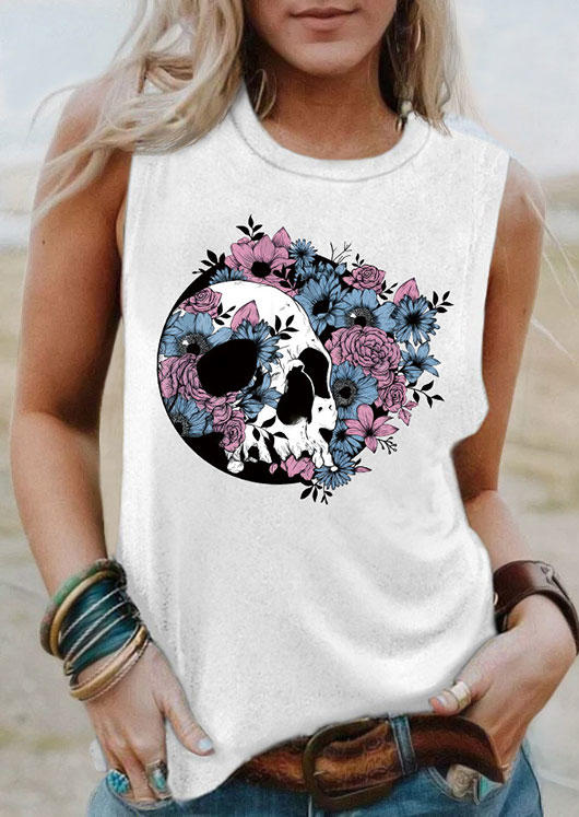 

Rose Skull O-Neck Casual Tank - White, 535324