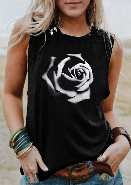 

Rose O-Neck Casual Tank - Black, 535689