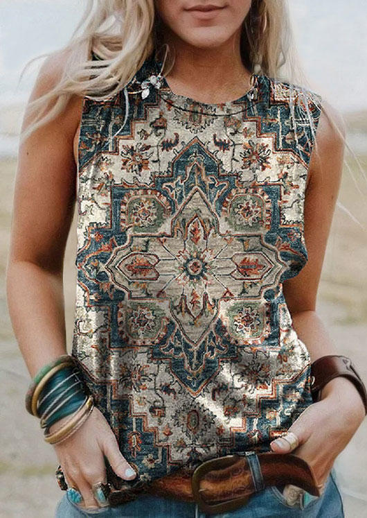 

Ethnic O-Neck Casual Tank, Multicolor, 536380