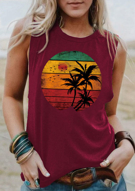 

Sun Coconut Tree O-Neck Tank - Burgundy, 536393