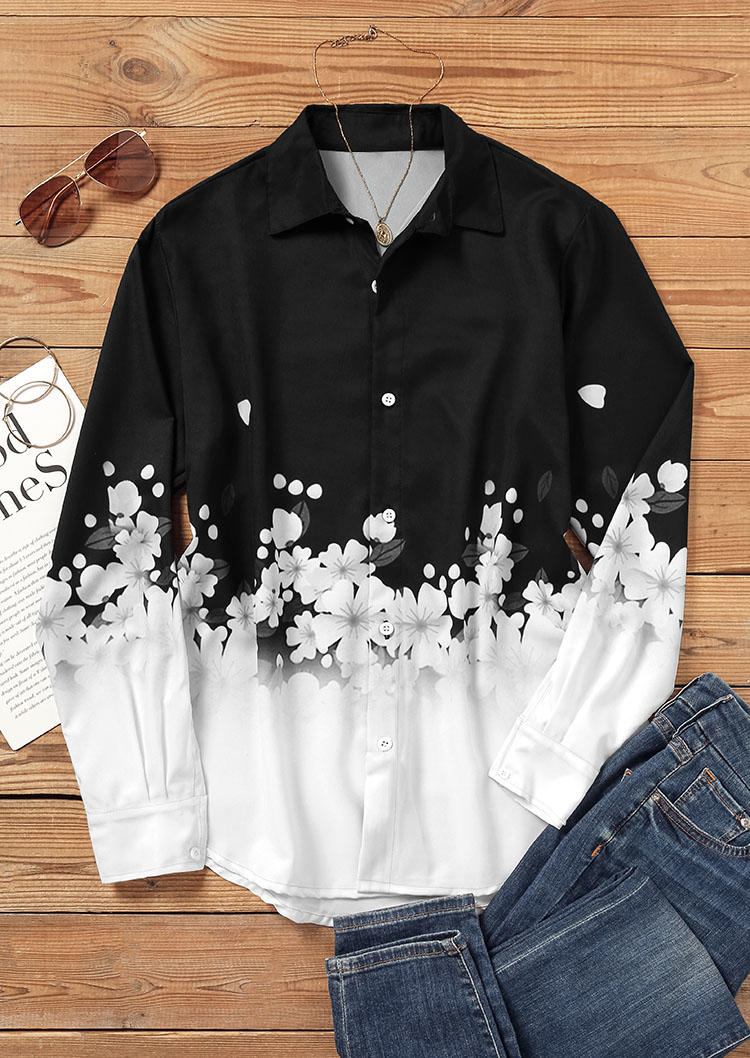 Floral Button Turn-down Collar Shirt - Black
