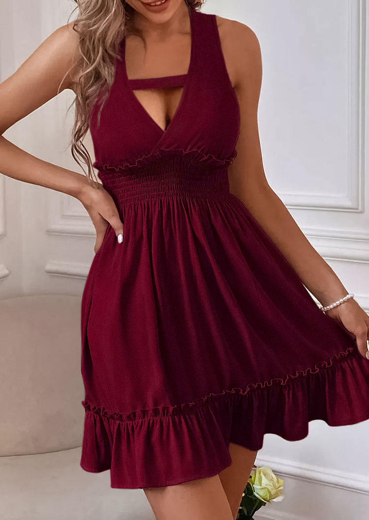 

Ruffled Smocked Open Back Wrap Mini Dress - Burgundy, Red, SCM003870