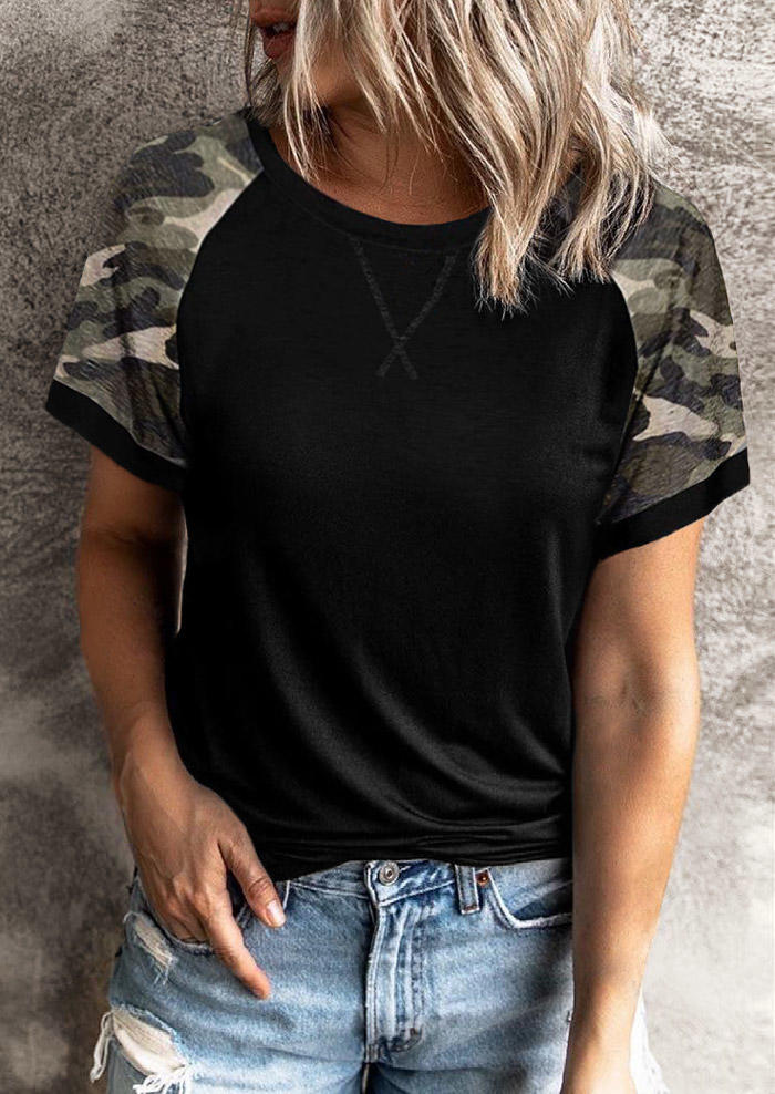 

Camouflage O-Neck Short Sleeve Blouse, Black, SCM003975