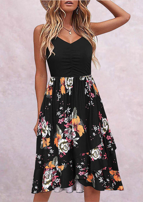 

Floral Spaghetti Strap V-Neck Midi Dress - Black, SCM004161
