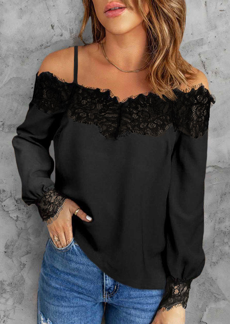 

Lace Splicing Cold Shoulder Blouse - Black, SCM004216