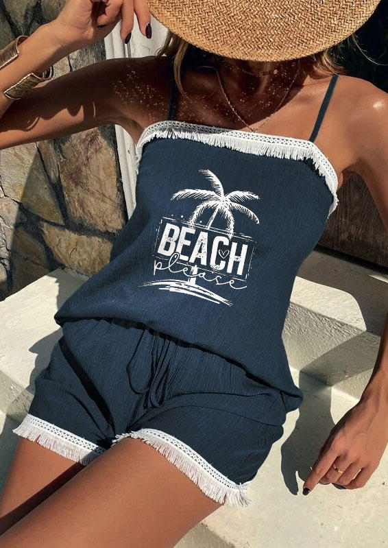

Beach Please Coconut Tree Tassel Camisole And Drawstring Shorts Two-Piece Set - Navy Blue, SCM004255