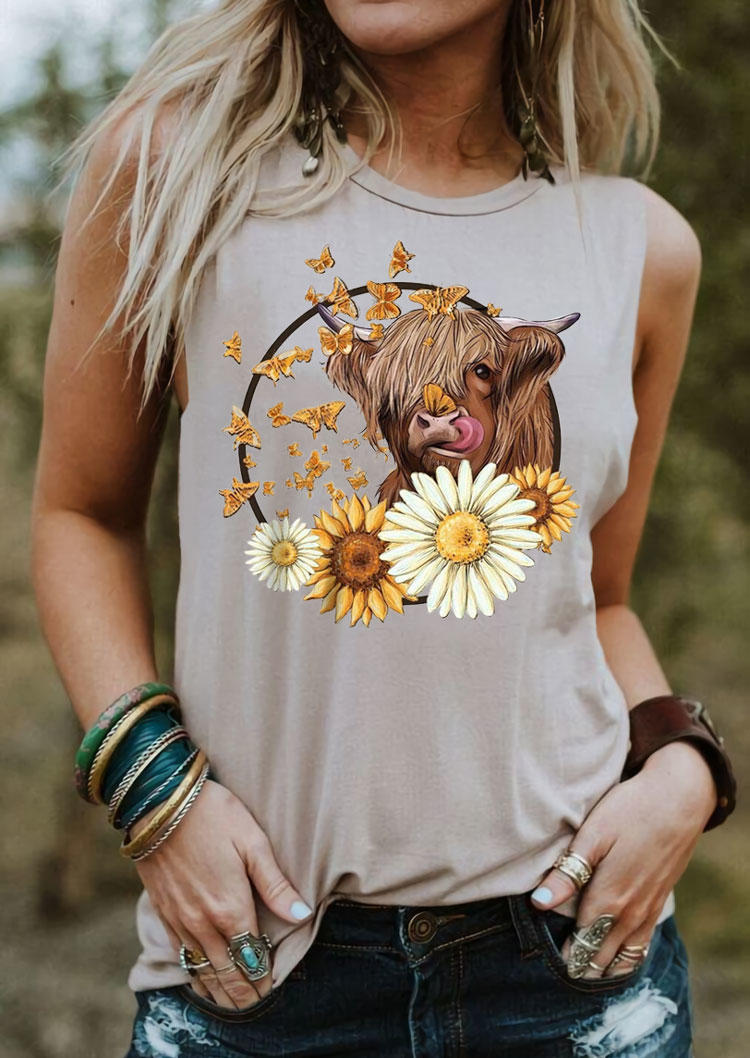 

Sunflower Butterfly Highland Cattle O-Neck Tank, Apricot, SCM004303