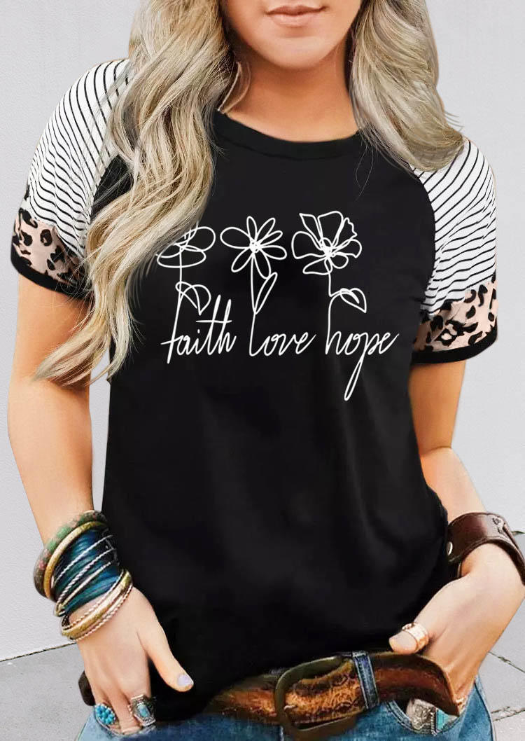 

Faith Love Hope Striped Leopard Floral T-Shirt Tee - Black, SCM003109