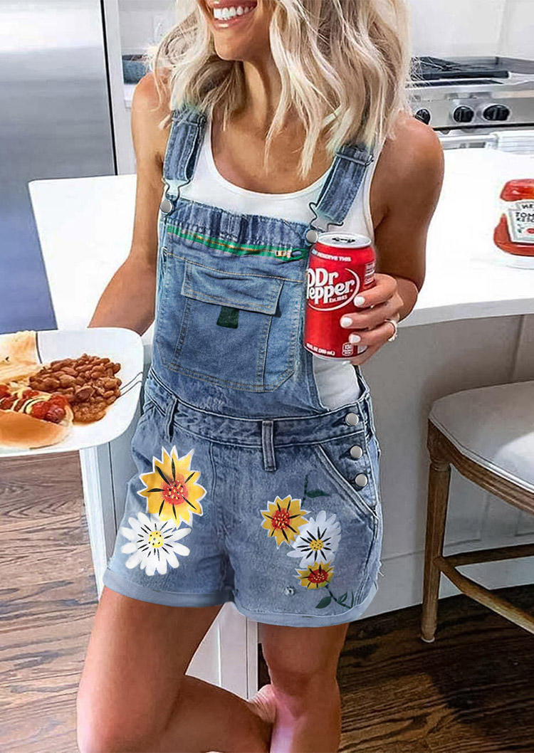 

Floral Pocket Overall Denim Romper - Blue, SCM003715