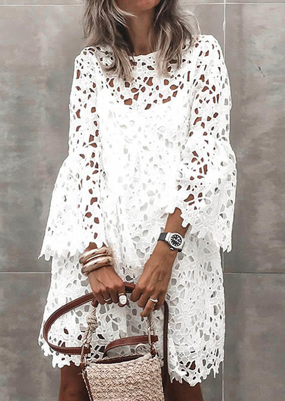 

Lace Hollow Out Two-Piece Mini Dress Outfit, White, SCM003794