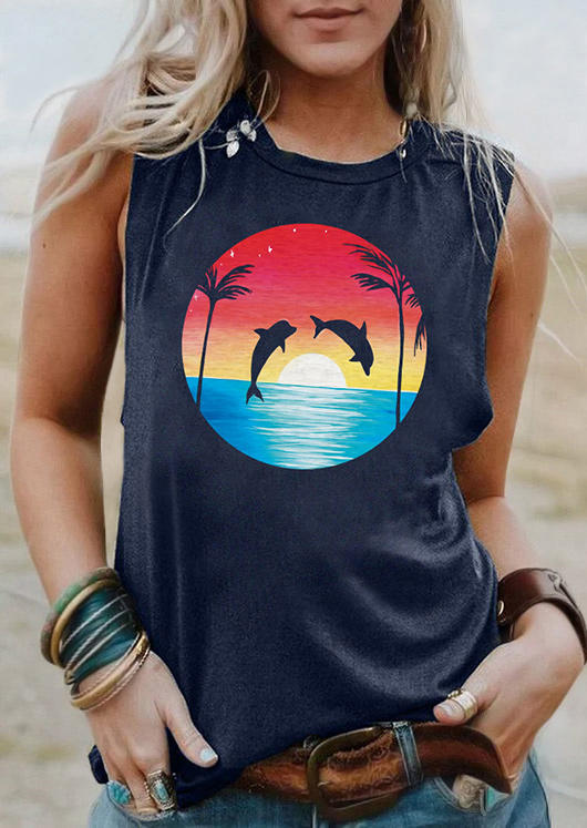 

Dolphin Sunrise Coconut Tree Tank - Navy Blue, SCM003814