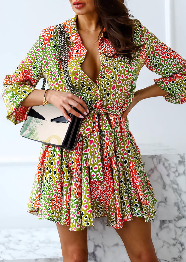 

Colorful Leopard Button Long Sleeve Mini Dress With Belt, Multicolor, SCM004010